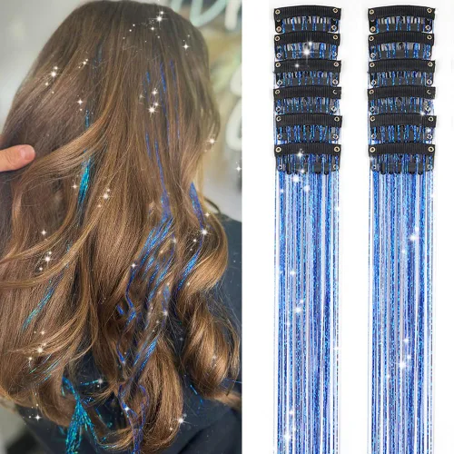 Miniatura 18 de Paquete de 12 extensiones de cabello de oropel con clip, paquete de 12 unidades, 20 pulgadas, extensiones de cabello de oropel con purpurina, negro#