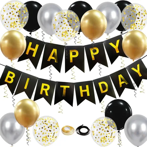 Cartel de feliz cumpleaños, decoración de cumpleaños negro y dorado, 16 globos de 12 pulgadas con 2 cintas para hombres, mujeres, niñas y niños,