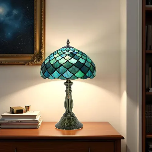 Miniatura 6 de Tiffany Style Stained Glass Table Lamp 18.5 Inch - Blue Fish Scales 12X12X18.5 Inch, E26 Bulb Base，Pull Chain Switch, Ceramic Base, Bedside