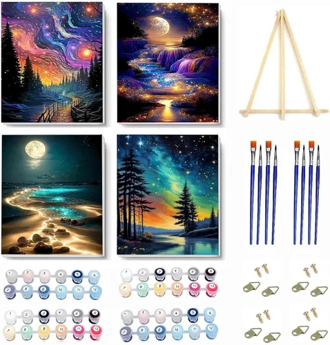 Miniatura 23 de VIGEGU Paquete de 4 pinturas por números para adultos, lienzo enmarcado, con caballete de madera, pintura por números para niños de 8 a 12 años