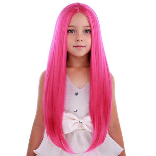 PATTNIUM Peluca de color rosa intenso para niños, peluca larga y recta, color rosa, para niñas, color magenta, color rosa neón, pelucas sintéticas