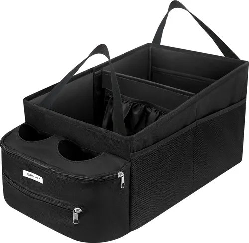 FUNNy elf Organizador de asiento de pasajero, almacenamiento plegable para automóvil con particiones y 4 portavasos para asiento delantero o trasero