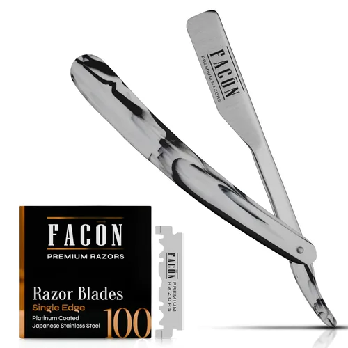 Facón Navajas rectas para hombres - Kit de navaja de barbero profesional de borde recto con 100 cuchillas, afeitadora clásica de acero inoxidable