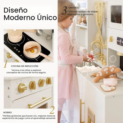Miniatura 3 de Tiny Land Cocina de Juguete para Niños, Juego de Cocina de Juguete con Muchas Características de Juego, Nueva Cocina de Juguete de Madera Moderna
