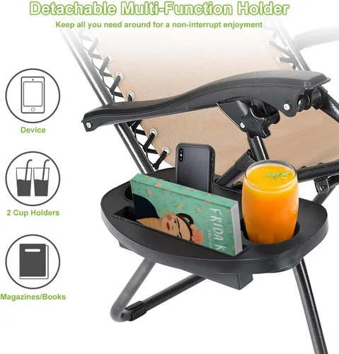 Miniatura 5 de Juego de 4 sillas reclinables de gravedad cero de malla de acero para acampar al aire libre con reposapiés, ajustable, almohada, bandeja, beige