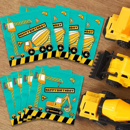 Miniatura 7 de Kit de suministros para fiesta de cumpleaños de construcción, platos de papel desechables, servilletas, vasos, mantel y pancarta, decoraciones