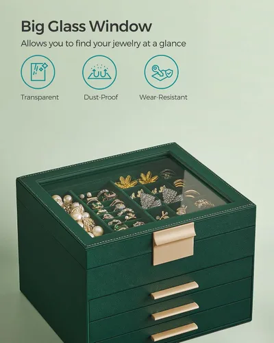 Miniatura 4 de SONGMICS Joyero organizador con tapa de cristal, almacenamiento de joyas de 4 capas, con 3 cajones, estilo moderno, regalo de Navidad, 8 x 9.1 x 6.5