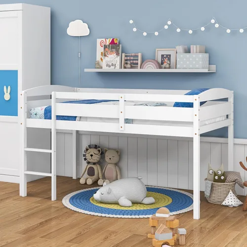 Giantex Cama alta individual con escalera, cama alta de madera de perfil bajo con 30 pulgadas de espacio libre y rieles de protección de seguridad,