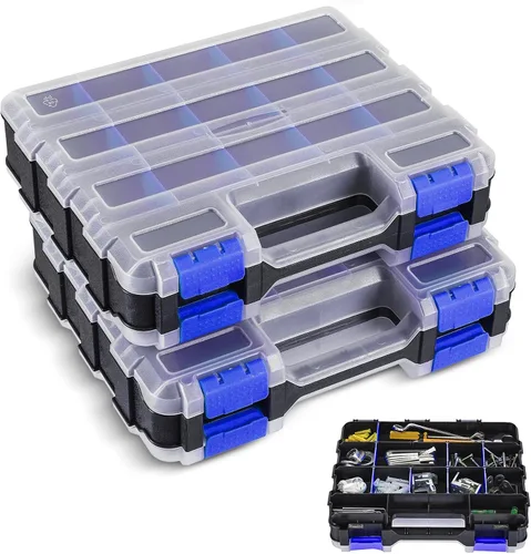 NATGAI Paquete de 2 organizadores de piezas pequeñas, caja de herramientas de doble cara con 34 compartimentos con separadores extraíbles para