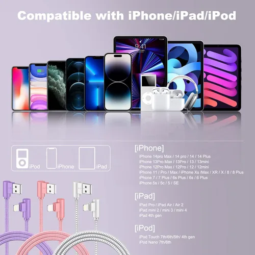 Miniatura 7 de Cargador para iPhone, 3 unidades de 10 pies, cables USB A a Lightning de 90 grados, certificado MFi, cable de carga rápida trenzado de nailon