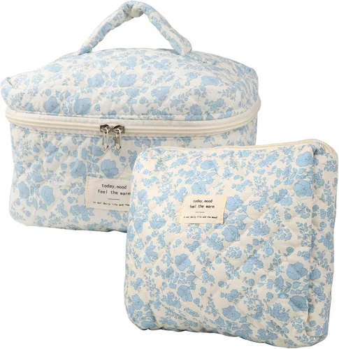 Miniatura 12 de NATINSA Linda bolsa de maquillaje para mujeres (2 piezas), bolsas de cosméticos de viaje, bolsa organizadora de aseo acolchada coqueta con flores