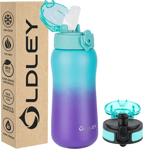 Miniatura 10 de Botella de agua aislada Oldley de 12 oz con pajita, botella de agua de acero inoxidable con 2 tapas, botellas de doble pared con vacío para adultos