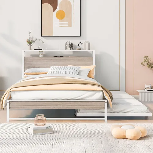Miniatura 10 de Harper & Bright Designs Cama de plataforma matrimonial con nido y puertos USB, marco de cama matrimonial de metal con cabecera de almacenamiento