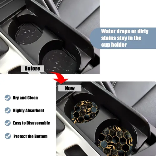 Miniatura 4 de Portavasos para automóvil, posavasos de cerámica absorbente con hojas de mármol negro, portavasos para bebidas, accesorios para automóviles