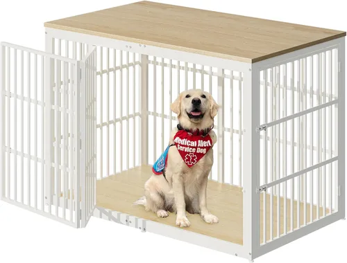 Lyromix Mueble de jaula para perros de 54 pulgadas con puerta plegable, jaulas XXL para perros grandes, jaula decorativa de madera para perros, mesa