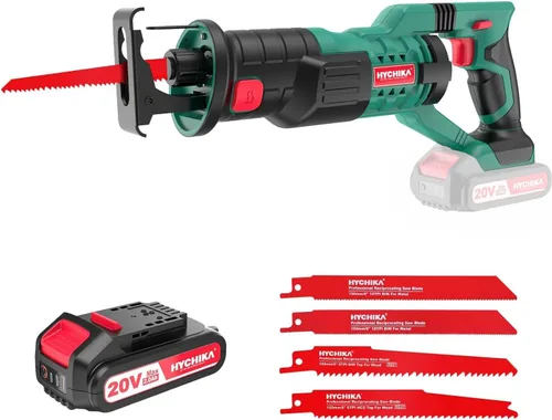 HYCHIKA Sierra Recíproca, Sierra Eléctrica Inalámbrica de 18V con Batería, Velocidad Variable, 4 Hojas para Cortar Madera/Metal/PVC en Pila con