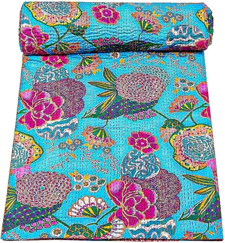 Miniatura 22 de Manta Kantha de retazos bohemios, manta de cama bohemia tamaño King, colcha Kantha con estampado de frutas, funda de cama Kantha hecha a mano Beige