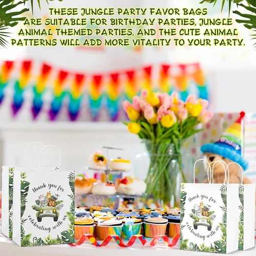 Miniatura 6 de Seajan Paquete de 24 bolsas de recuerdo de fiesta de animales de safari de selva para baby shower, 10.63 x 8.27 pulgadas, tamaño mediano con asa
