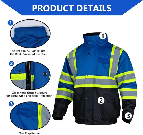 Miniatura 4 de FONIRRA Chaqueta de alta visibilidad para hombre, impermeable, reflectante, con capucha, de alta visibilidad, para el invierno, abrigo de seguridad