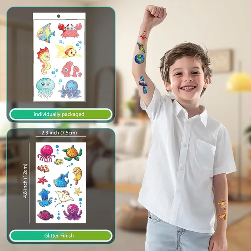 Miniatura 7 de Más de 150 tatuajes temporales con purpurina para niños, envueltos individualmente, calcomanías de tatuaje impermeables, sirena, dinosaurio, animal