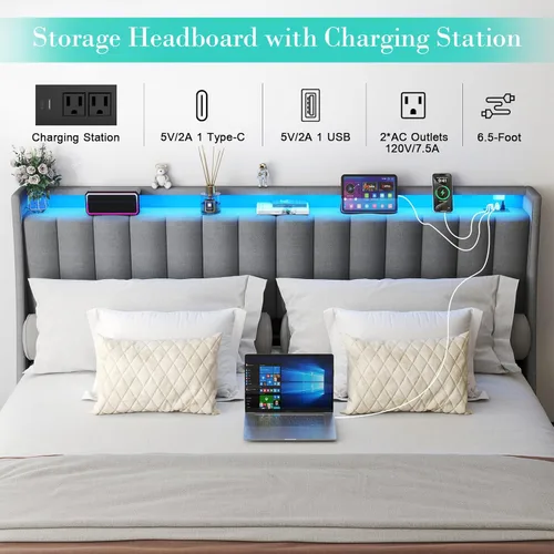 Miniatura 7 de Base de cama matrimonial con 2 cajones de almacenamiento, base de cama de plataforma tamaño matrimonial con luz LED, cabecera tapizada, estación