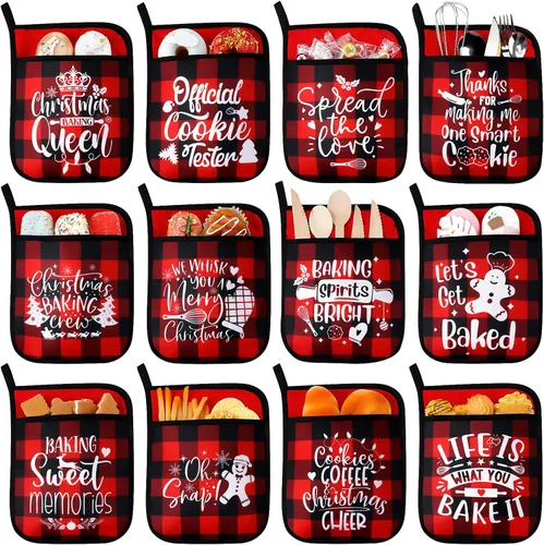 Layhit 12 soportes para ollas de Navidad con bolsillo para horno, adornos para ollas, bolsa de galletas para hornear, cocinar, regalo de