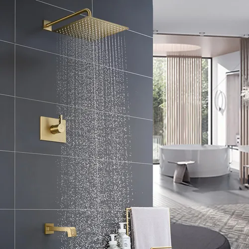 Miniatura 2 de SOOOHOT Juego de accesorios de ducha de oro cepillado, juego de grifo de bañera y ducha con cabezal de ducha dorado de 12 pulgadas y boquilla