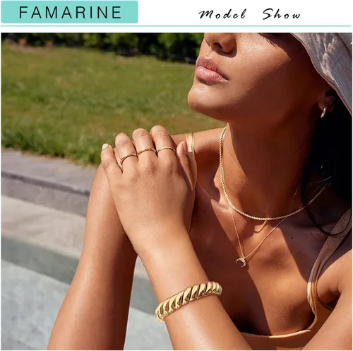 Miniatura 3 de FAMARINE Brazalete trenzado fino o grueso chapado en oro de 14 quilates, pulsera elástica elástica para parejas