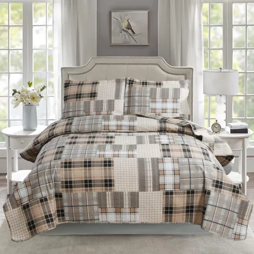 Miniatura 8 de Juego de ropa de cama a cuadros marrón y negro, 3 piezas, tamaño queen, colcha con estampado de parches a cuadros, cubrecama reversible, decoración