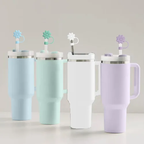 Miniatura 5 de Cubiertas de pajita con flores para tazas Stanley de 30 y 40 oz, accesorios para termos de silicona, tapas de pajita rosa y morada a prueba