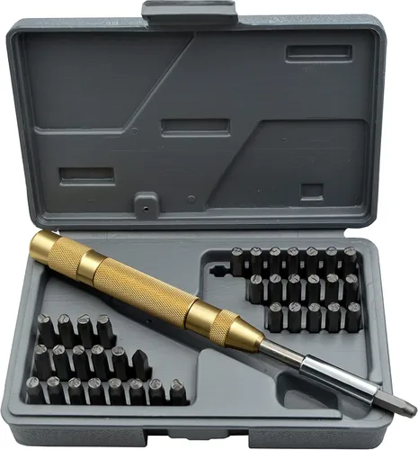 Miniatura 22 de Juego de 27 sellos de acero resistente con letras mayúsculas de 3/64" 1mm, kit de punzones de alfabeto para estampado a mano de caracteres, código