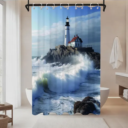 Miniatura 9 de Cortina de ducha con diseño de océano azul, faro, náutico, costero, escénico, naturaleza, rock, blanco, juego de decoración de baño, lavable a