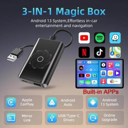 Miniatura 2 de AI Box - Adaptador inalámbrico CarPlay y automático, Plug & Play, WiFi de doble banda, Bluetooth 5.4, soporte de video 4K, sistema Android 13.0