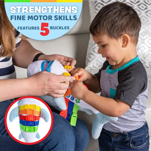 Miniatura 2 de Buckle Toys - Peluche de tiburón Bruce - Juguete de viaje Montessori para niños pequeños - Desarrolla habilidades motoras y resolución de problemas