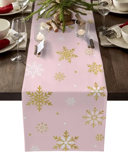 Camino de mesa de copo de nieve rosa rubor, lino de algodón, bufandas de tocador de vacaciones de 36 pulgadas, diseño romántico de feliz Navidad,