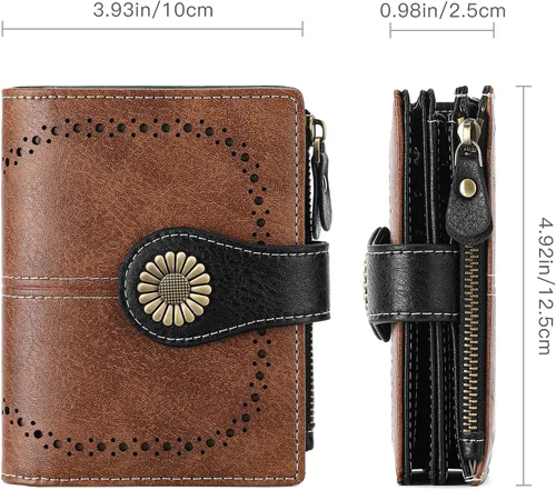 Miniatura 111 de SENDEFN - Billetera pequeña de piel auténtica para mujer, diseño plegable con ventana para tarjeta de identificación