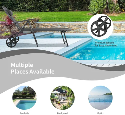 Miniatura 8 de RELAX4LIFE Tumbona para patio con ruedas – Silla reclinable plegable acolchada con almohada extraíble, respaldo ajustable, sillas de playa