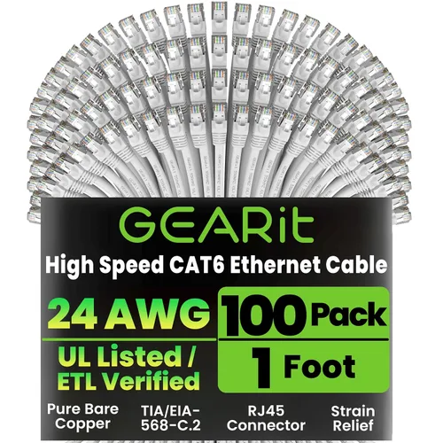 Miniatura 13 de GEARit Paquete de 100 cables Ethernet Cat6 de 0.5 pies Cable de conexión de red RJ45, conectores chapados en oro sin enganches de 10 Gbps, cable
