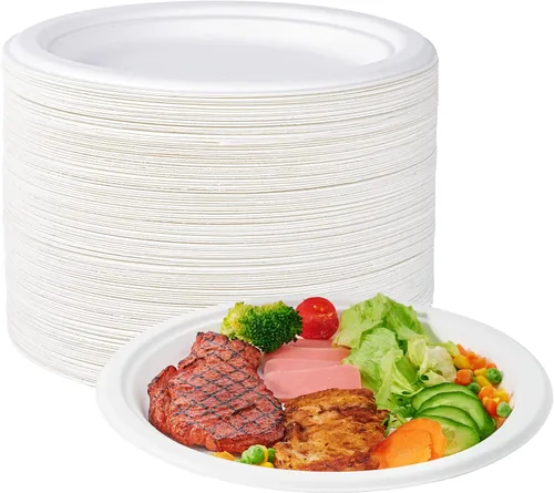 ECOLipak Platos de papel resistentes 100% compostables de 10 pulgadas, paquete de 150 platos desechables biodegradables ecológicos de bagazo de caña