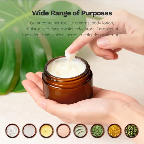Miniatura 5 de Bumobum - Tarros de vidrio de 1 onza con tapas, paquete de 48 tarros de crema ámbar con tapas negras, etiquetas blancas y negras y revestimientos