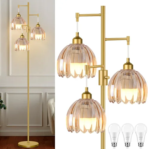 Miniatura 14 de Lámparas de pie doradas para sala de estar lámpara de pie vintage con forma de L de vidrio y tres bombillas led, lámpara de pie verde de latón