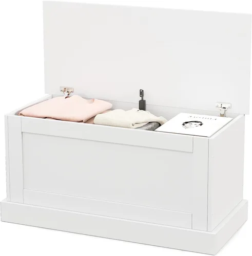 LOKO Baúl de almacenamiento de 35.5 pulgadas, caja de almacenamiento superior con bisagras de metal, banco de almacenamiento de madera con puntal