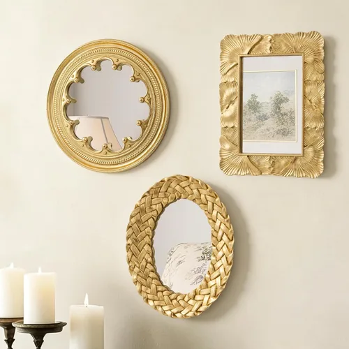 Miniatura 7 de AELS Paquete de 3 pequeños espejos dorados antiguos para decoración de pared, espejo para colgar en la pared, decoración del hogar de lujo, espejo
