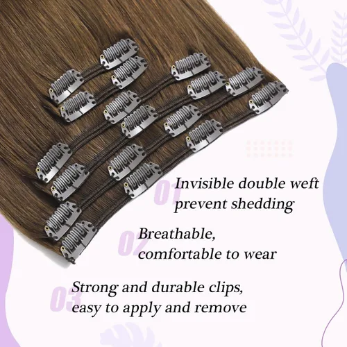 Miniatura 4 de Extensiones de cabello con pinzas, 16 pulgadas, 3.53 oz, 6 unidades, extensiones de cabello humano con clip, color marrón medio, lacio, suave