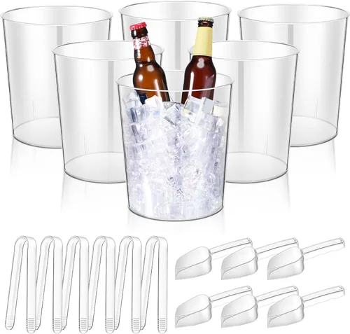 Norme 18 cubos de hielo de plástico para fiestas, enfriador de botellas de vino transparente de 5 litros con asas, tina redonda para bebidas con