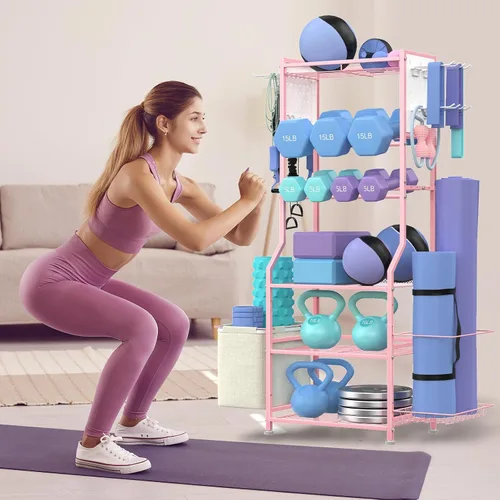 Miniatura 7 de Estante para mancuernas, almacenamiento de gimnasio en casa para pesas rusas, esterilla de yoga y equipo de entrenamiento de fuerza, estante de Rosa