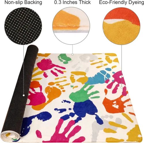 Miniatura 4 de STARUIA - Alfombra de huellas de manos y pies para niños para sala de juegos, alfombra de guardería lavable de 3 x 5 pies de colores para habitación