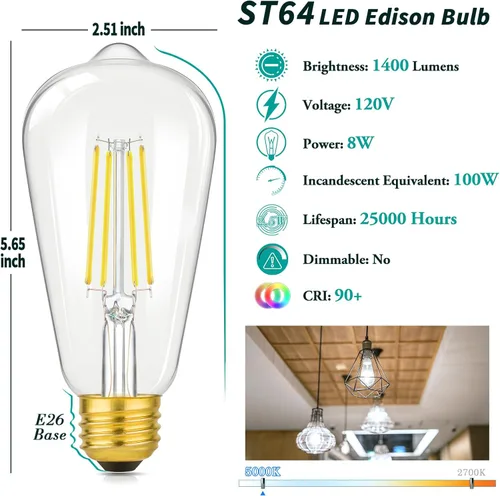 Miniatura 3 de Paquete de 4 bombillas LED Edison vintage ST64 de 8 W, equivalente a 100 W, 1400 lúmenes, luz blanca diurna de 5000 K, bombillas de filamento LED