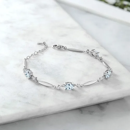 Miniatura 3 de Gem Stone King Pulsera de tenis de plata de ley 925 con aguamarina azul cielo y diamantes blancos cultivados en laboratorio para mujer, 3.30
