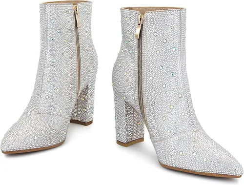 Miniatura 5 de SOVANYOU Botas de diamantes de imitación brillantes para mujer, botines de tacón alto grueso con cremallera lateral